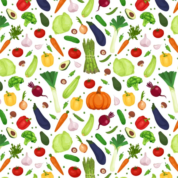 Seamless pattern with vegetables in a flat style. Vector vegetables on a white background. Organic healthy food — Stock Vector