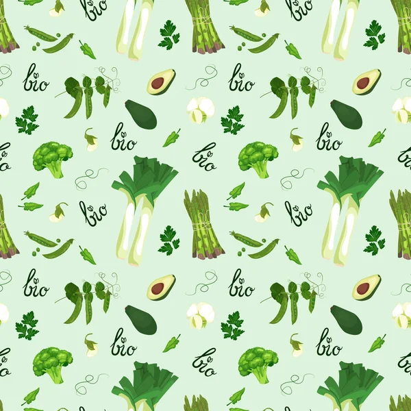 Patrón de verduras sin costura en color verde con letras Bio. Verduras vectoriales en estilo plano. Alimento sano ecológico — Vector de stock