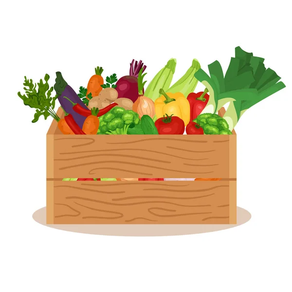 Verduras sanas recién cosechadas en una caja de madera y banner de concepto de compra de comestibles ecológicos. Caja de madera con verdura natural. Ilustración vectorial en estilo plano — Vector de stock