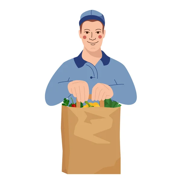 Leverans av grönsaker i en papperspåse. En ung man i mössan säljer grönsaker i papperspåse. Vektor illustration av en modern platt stil. — Stock vektor