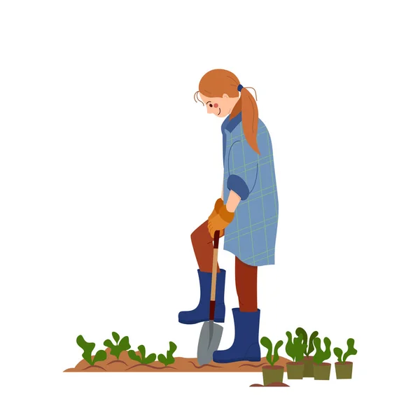 Las agricultoras cultivan plantas en semilleros aislados en blanco. Chica agrícola durante el trabajo. Chica cavando un huerto. Ilustración vectorial en estilo plano — Archivo Imágenes Vectoriales