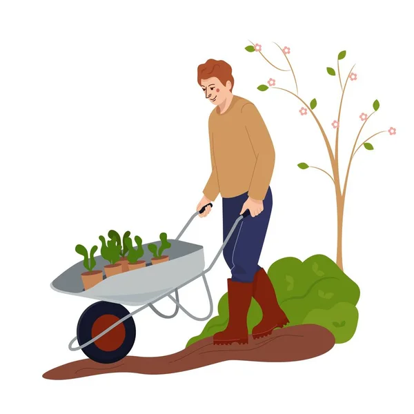Çiftçi el arabasını bahar tohumuyla itiyor. Çiftlik işçisi bahçe arabasıyla gidiyor. Baharda sebze bahçesinde çalışıyorum. Beyaz arkaplanda izole edilmiş renkli düz vektör çizimi — Stok Vektör
