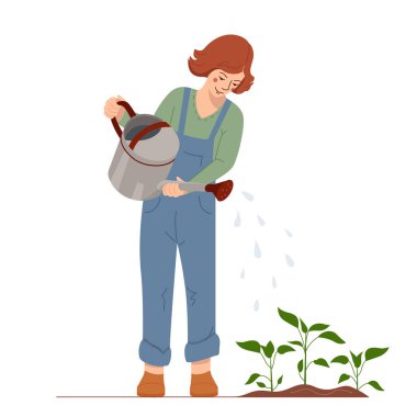 Sulama kabından fideleri sulayan genç bir kadın. Sebze bahçesindeki bitkilerin bakımı. Kadın bahçıvan bitki yetiştiriyor. Yeşil ekonomi konsepti. Düz tasarım tarzında vektör illüstrasyonu.