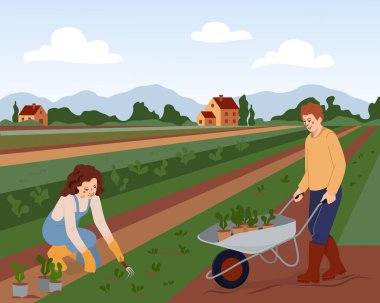 Kırsal yaz manzarası. Çiftçiler büyür ve bitkilerle ilgilenir. Tepeleri ve köyü olan bir kırsal. Çiftlik arazisi. Bahçecilik ve organik beslenme konsepti. Düz biçimli vektör illüstrasyonu