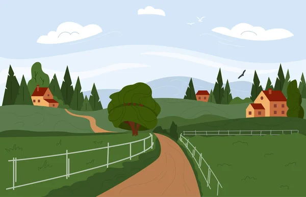 Paysage estival rural. Campagne avec collines et village. Champ agricole. Illustration vectorielle. — Image vectorielle