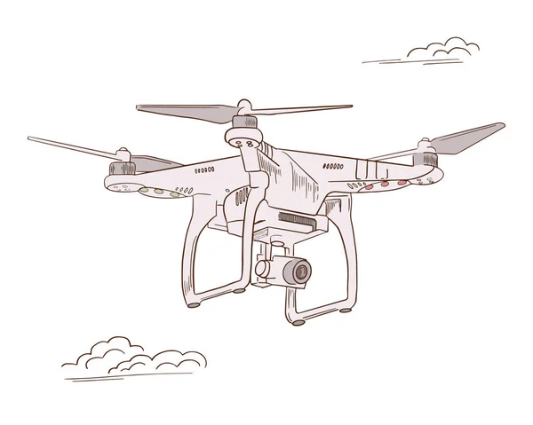 Disegno a mano vettore illustrazione telecomando veicolo aereo, quadrocopter schizzo volante. — Vettoriale Stock