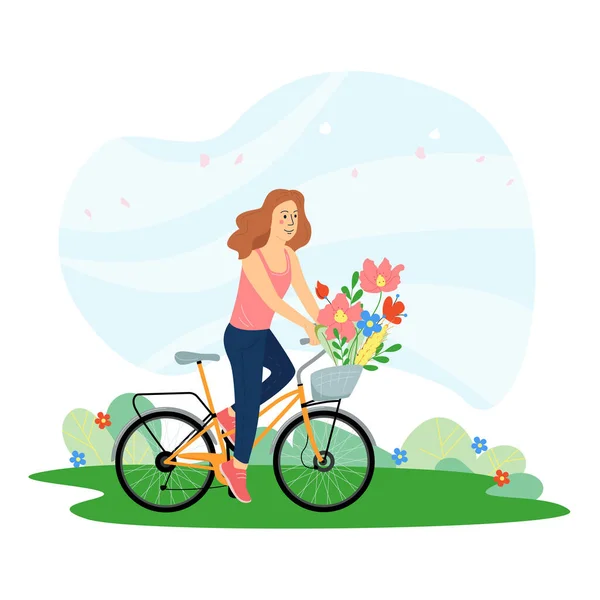 Happy young girl rides a bike in the summer park. Healthy lifestyle and active recreation. Spring vector illustration in a flat style. — Image vectorielle