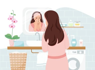 Sabah rotası. Genç bir kadın aynanın önünde duruyor ve cildini temizliyor ya da nemlendiriyor. Günlük kişisel bakım, günlük cilt bakımı, hijyenik prosedür. Düz çizgi film vektör çizimi.