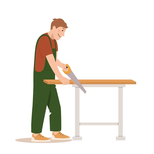 Carpenter Makes Product Tree Man Uniform Saws Board Hand Saw — Image vectorielle