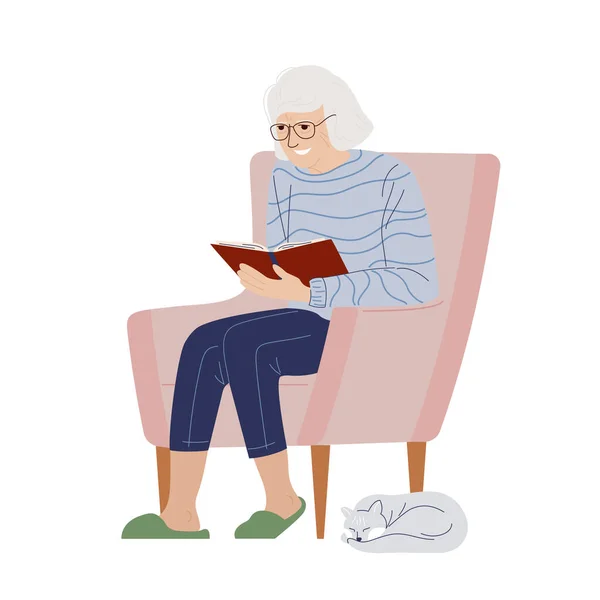 Reading Elderly Woman Armchair Grandmother Sitting Armchair Book Vector Cute — Image vectorielle