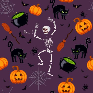 Seamless vector texture for fashion prints. Themed pattern of pumpkins, skeleton, black cats, brooms, bats are scattered randomly. Cute vector illustration made in bright festive colors