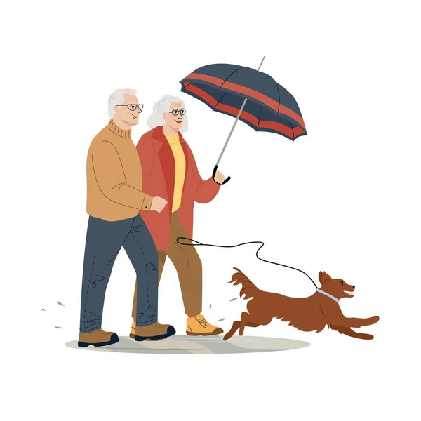 Smiling Elderly Couple Spends Time Outdoors Dog Vector Cartoon Illustration — Stok Vektör