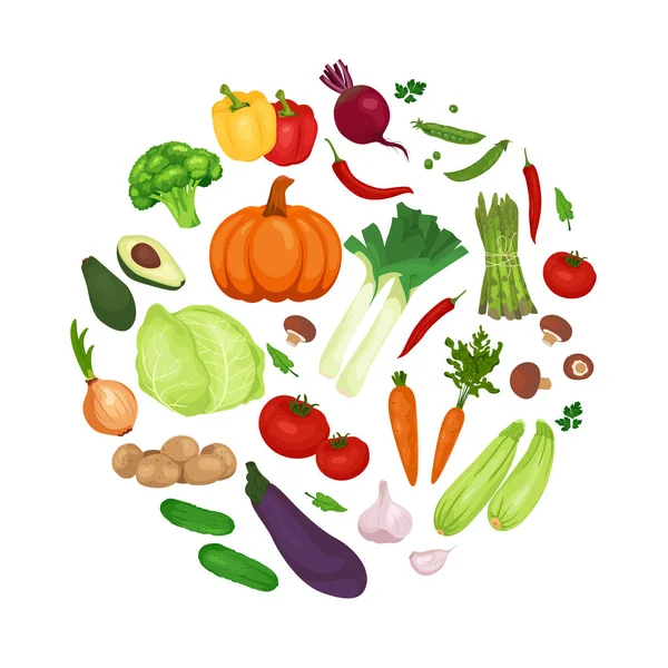 采集农产品有机生态蔬菜载体圈 在白色背景下分离 餐厅菜单 标签的平面插图 健康食品设计 — 图库矢量图片