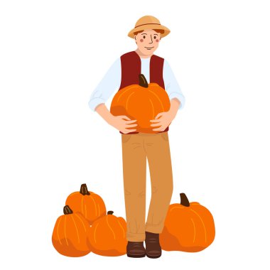 Balkabağı hasadı olan çiftçi çizgi film karakteri. Balkabağı tutan neşeli çiftçi. Beyaz arkaplanda izole edilmiş renkli düz vektör çizimi