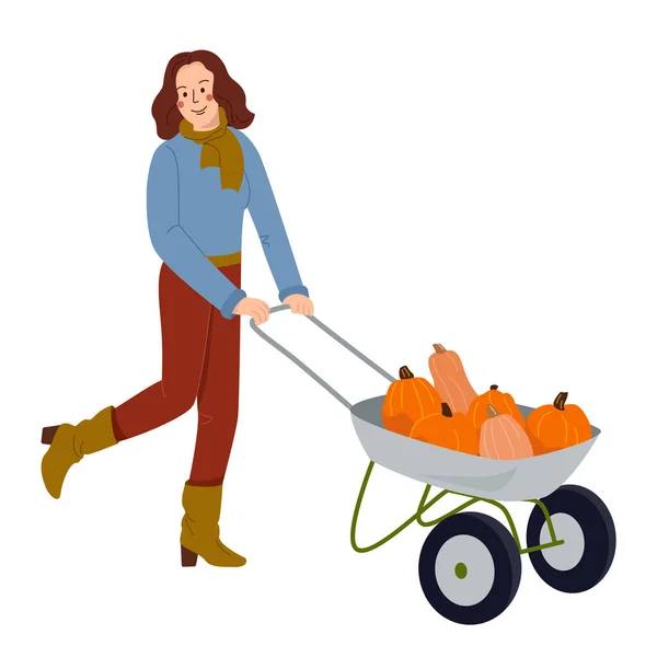Femme Poussant Brouette Avec Récolte Automne Ouvrier Agricole Allant Avec — Image vectorielle