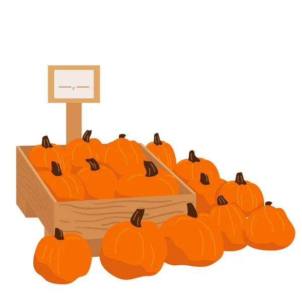 Wooden Box Pumpkins Sale Ripe Pumpkins Local Vegetables Wooden Box — Stock Vector