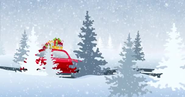 Поездка на красной машине по заснеженной лесной дороге. Мультфильм автомобиль анимационный цикл 4k — стоковое видео
