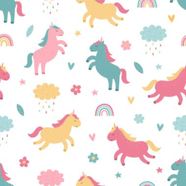 Şirin renkli tek boynuzlu atlar, gökkuşağı, çiçek, bulut, yağmur. Kusursuz parlak desen. Vektör çocukların illüstrasyonu