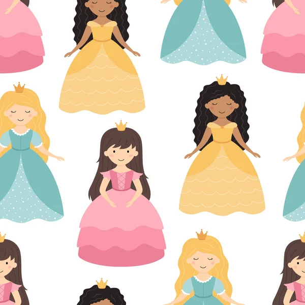 Niedliche Prinzessinnen Blauen Rosa Gelben Kleidern Nahtloses Muster Kindervektorillustration — Stockvektor