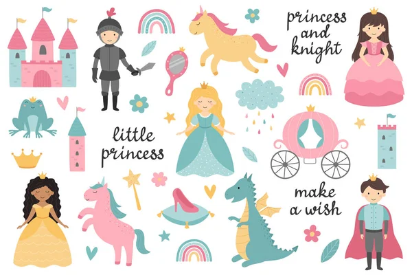 Vector Set Little Princesses Prince Knight Dragon Unicorn Carriage Castle Royalty Free Stock Illustrations