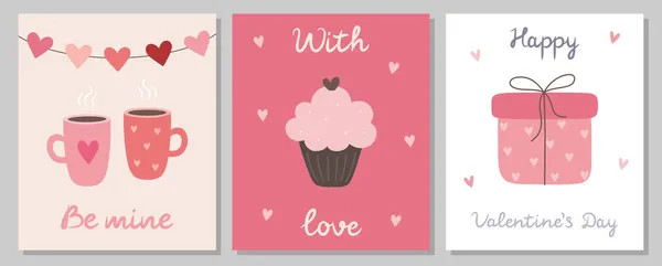 Μια Σειρά Από Χαριτωμένες Κάρτες Αγάπης Δυο Κούπες Ένα Γλυκό — Διανυσματικό Αρχείο