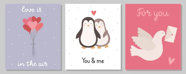 Juego Postales Lindas Corazones Globos Par Pingüinos Una Paloma Portadora — Vector de stock