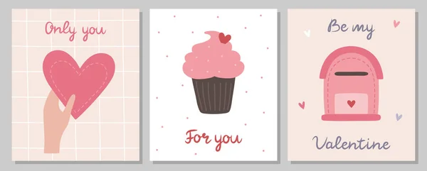 Juego Tarjetas San Valentín Una Mano Sostiene Corazón Pastel Dulce — Vector de stock