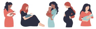 Farklı pozlarda çocuklu anneler. Anne ve yeni doğmuş bebek kollarında. Güzel, sağlıklı hamile bir kadın. Düz bir şekilde vektör illüstrasyonu