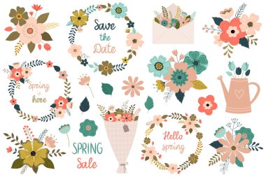 Bir çiçek seti, buketler, çelenkler. Parlak ve güzel çiçekler, bitkiler, yapraklar, dallar. Vektör çizimi. Tebrik kartı, tebrik kartı, davetiye, satış, web sitesi, iniş sayfası için harika..