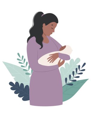 Annem kucağında yeni doğmuş bir bebek tutuyor. Anne ve çocuk. Düz bir şekilde vektör illüstrasyonu.