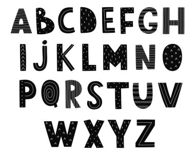 Çocuklar için el çizimi sevimli alfabe. Siyah harfler. Eğitim için mükemmel, kartpostal tasarımı, posterler, çocuk odası. Vektör illüstrasyonu