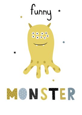 Gözleri olan neşeli yeşil bir canavar. Komik karakterli bir çocuk posteri. Tebrik kartı, davetiye, çocuk odası tasarımı, tişört baskısı, çocuk giyimi tasarımı için vektör ilüstrasyonu