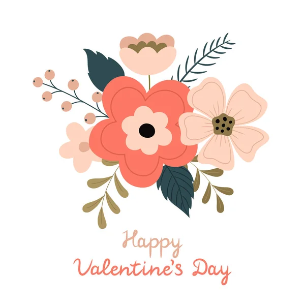 Valentine Day Greeting Card Floral Cute Bouquet Lettering Vector Illustration — Stock Vector