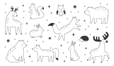 Orman hayvanlarının ana hatları. Hoş karakterli bir set. Geyik, sincap, baykuş, ayı, tilki, geyik, tavşan. Vektör illüstrasyonu