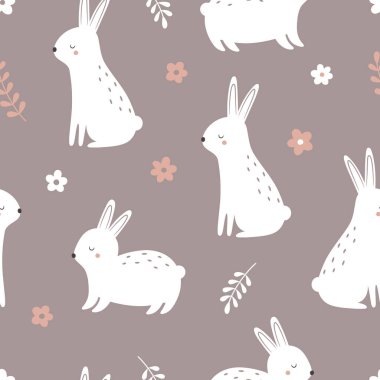 Sevimli bir tavşanla kusursuz bir desen. Çiçeklerin arka planında çizgi film tavşanı. Vektör illüstrasyonu