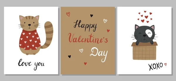 Днем Святого Валентина Множина Милих Листівок Кішка Светрі Серцями Напис — стоковий вектор