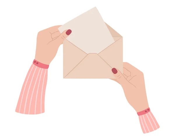 Women Beautiful Hands Hold Letter Envelope Vector Illustration Cartoon Style — Stock Vector
