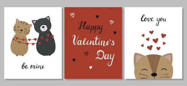 Set Greeting Cards Happy Valentine Day Couple Cute Cats Lettering — Stock Vector