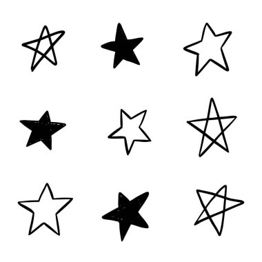 El çizimi yıldızlar hazır. Star Doodles koleksiyonu. Soyut siyah unsurlar. Vektör illüstrasyonu