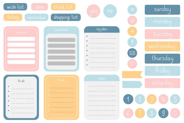 Een Set Leuke Elementen Voor Een Notitieblok Planner Dagboek Stickers — Stockvector