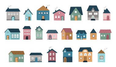 A big set of hand drawn houses. Cute colorful buildings in a flat style. Vector illustration