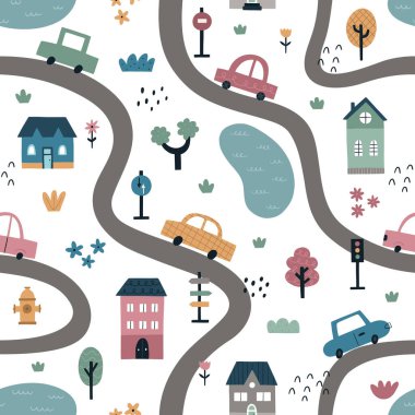 Seamless city pattern. Cars are driving on the road. Cute hand drawn houses, vehicles, trees, lakes, road signs, fire hydrant, flowers. Vector kid's illustration. Cartoon city map