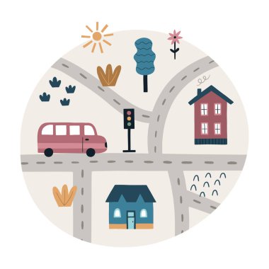 Çocuk odası için şirin şehir haritası. El yapımı evler, ağaçlar, yollar, sokaklar ve arabalar. Çocuk dekorasyonu için vektör çizimi, çocuk posteri, tişört baskısı.