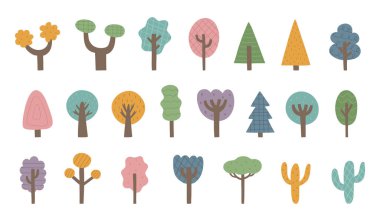 El yapımı karikatür ağaçları koleksiyonu. Vektör parlak illüstrasyon. Haritalar, tişört baskıları, çocuk odası dekorları, posterler yapmak için mükemmel.