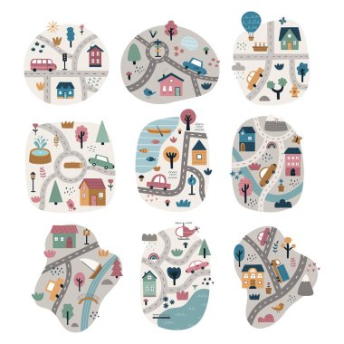 Çizgi film şehir haritaları. Bebek odası dekoru, poster ve tişört baskısı için güzel el çizimi haritalar. Düz bir şekilde vektör illüstrasyonu