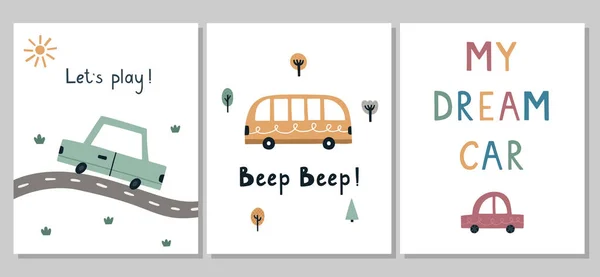 Набір Милих Дитячих Плакатів Мальовані Вручну Мультяшні Автомобілі Автобус Дерева — стоковий вектор