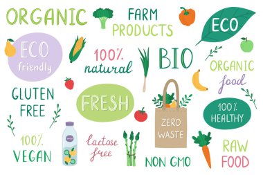 Ekoloji ve geri dönüşüm ifadeleri ayarlandı. Çıkartma koleksiyonu: eko, vegan, biyoloji, tarım ürünleri, glütensiz, organik gıda ve gmo olmayan ürünler. Vektör el çizimi illüstrasyon