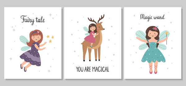 A set of children's posters. Cute little fairy with wings and a magic wand, sitting on a deer. Vector hand-drawn illustration