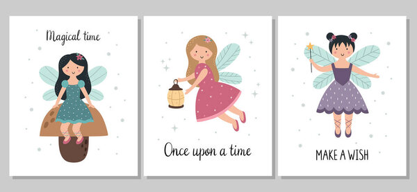 A set of children's posters. A cute little fairy with wings and a magic wand. Vector hand-drawn illustration