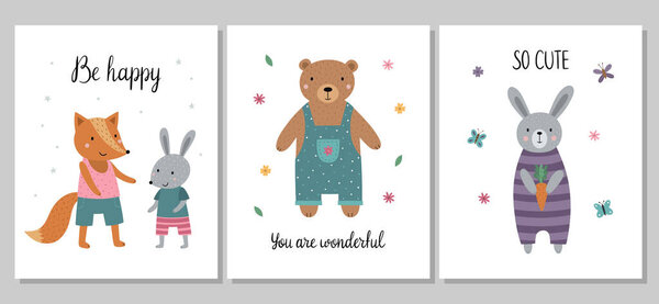 A set of children's posters. Funny fox and rabbit, cute bear in overalls, cartoon hare with a carrot. Vector hand-drawn illustration